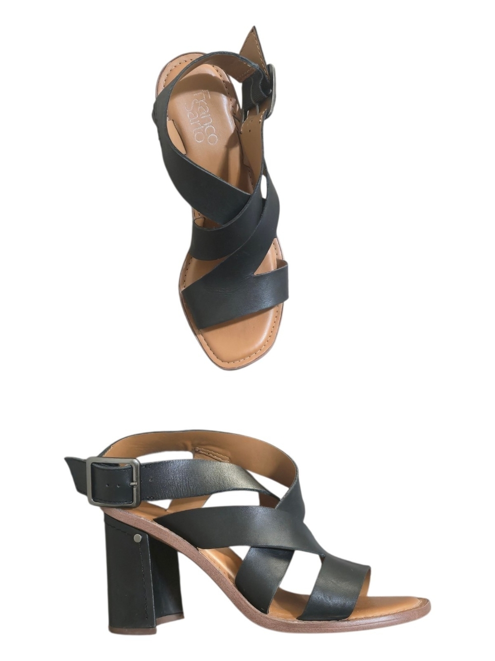 Franco Sarto Cymbal Black Leather Strappy Block Heel Sandals 8.5